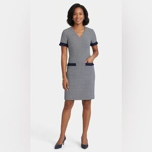 Talbots Houndstooth Sheath Dress with Fringe Trim - Navy & White - Size 16